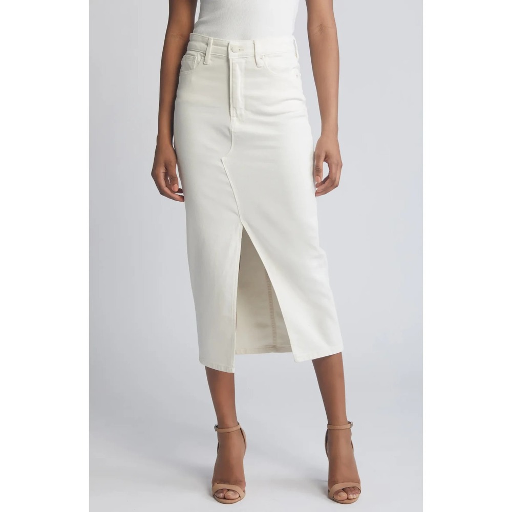 NWT Good American Women's 4/27 Cloud White Midi Denim Skirt High Rise Front Slit